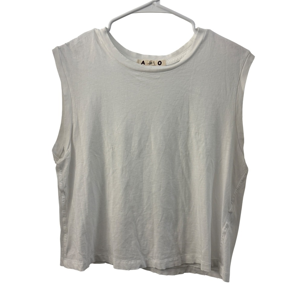 AMO Women White 100% Cotton Distressed Muscle Tee Tank Top Made in USA Large